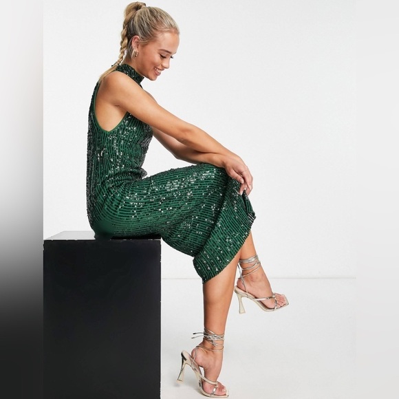 ASOS DESIGN high neck embellished midi dress in plisse sequin forest green sz 6 - Picture 3 of 10
